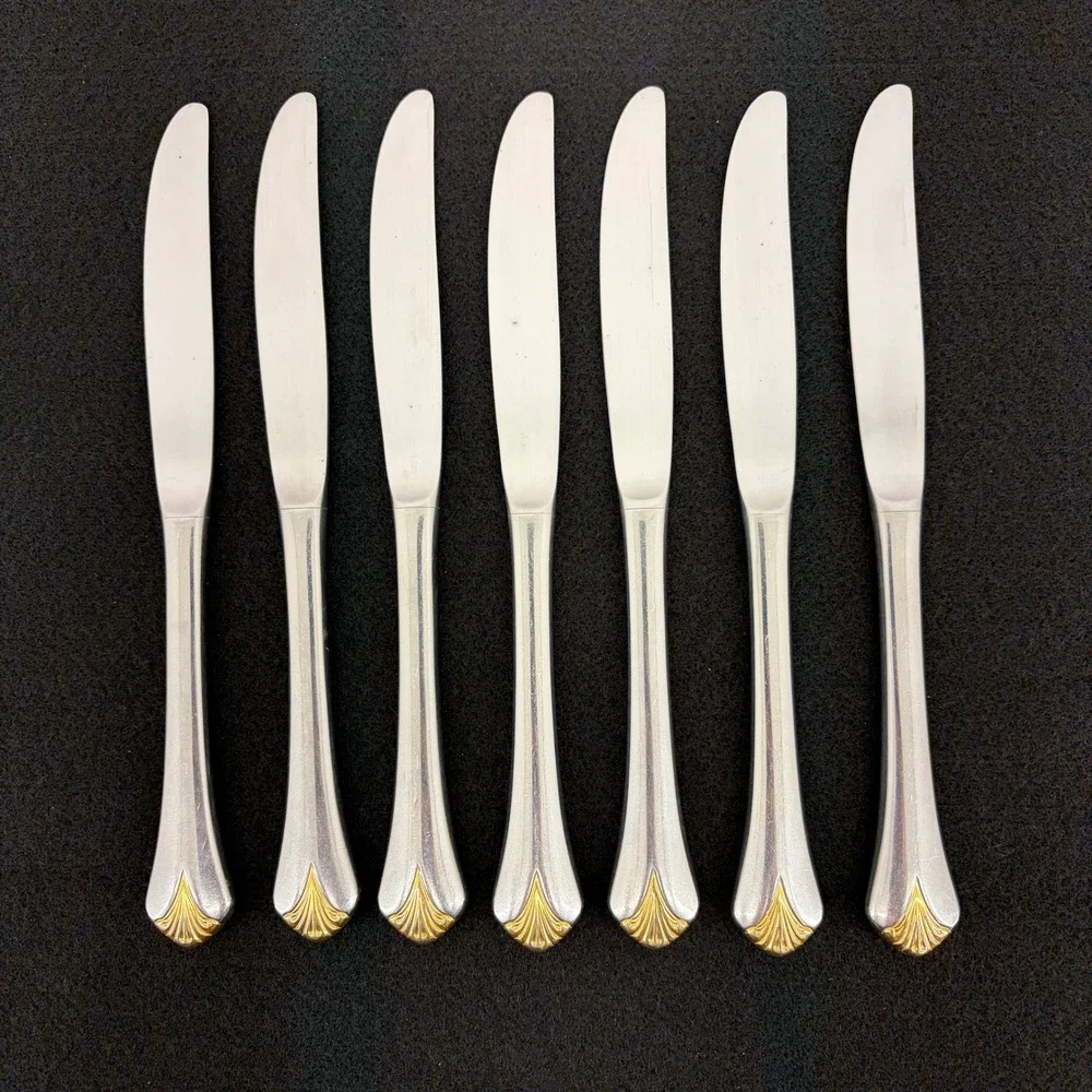 Set of 7 Yamazaki Cara‎ Gold Accent Stainless Table Knives Dining Flatware Japan